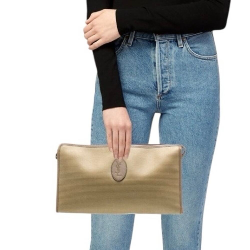 Yves Saint Laurent Brown Ribbed Clutch Travel Leather Trim Vintage Statement Bag